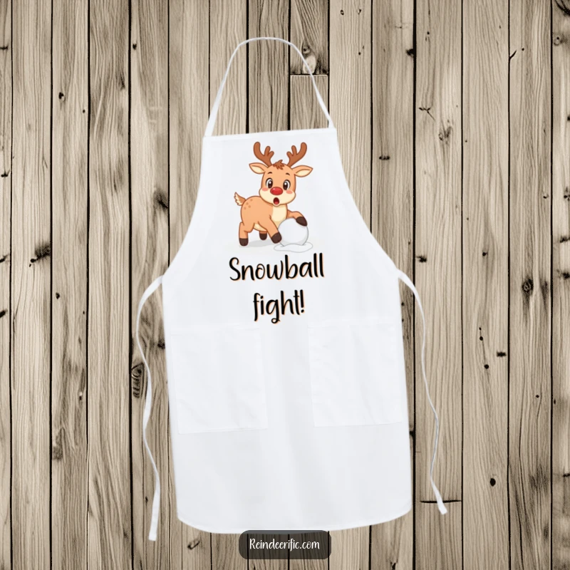 Funny reindeer with a surprised expression caught mid-stumble over a snowball, on a kitchen apron.