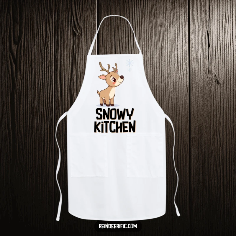 Funny apron depicting a curious reindeer tilting its head to observe a falling snowflake, perfect for winter cooking.