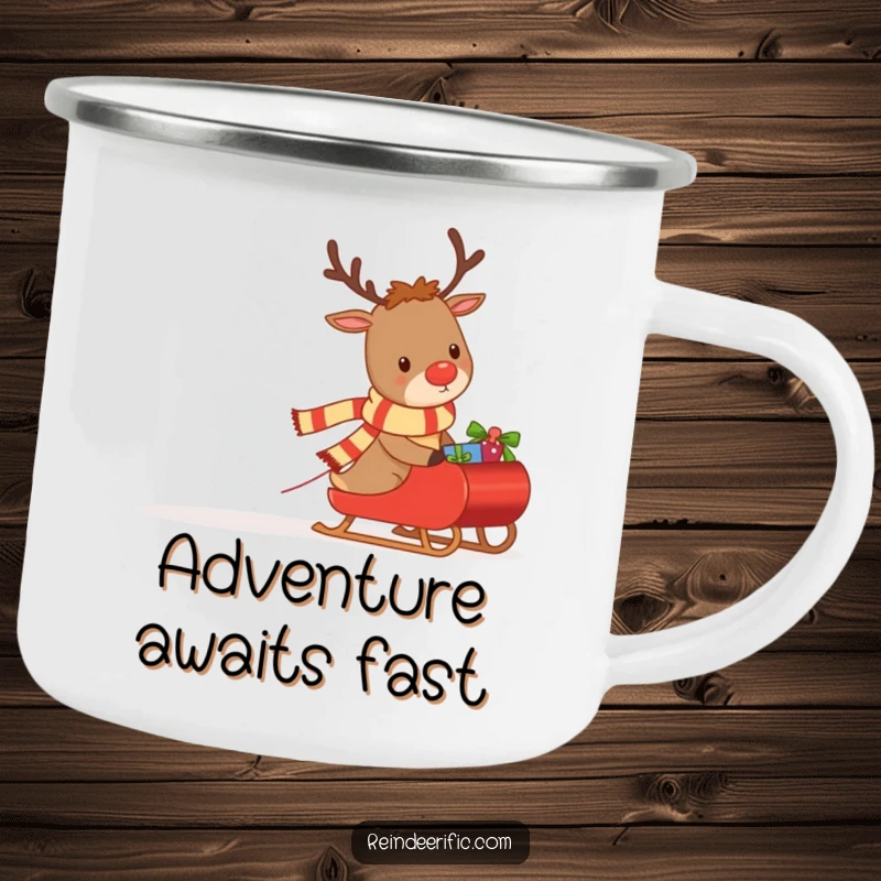 Funny camping mug showing a determined reindeer with a small scarf, pulling a sleigh packed with holiday gifts.