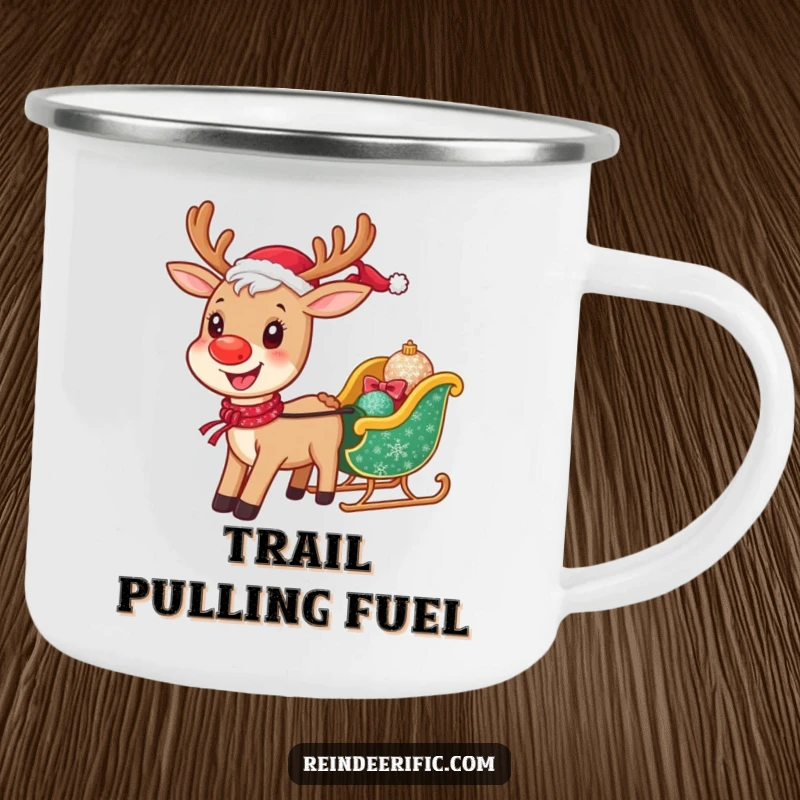 Funny enamel camping mug showing a happy reindeer pulling a tiny, sparkling sleigh, perfect for outdoor enthusiasts.