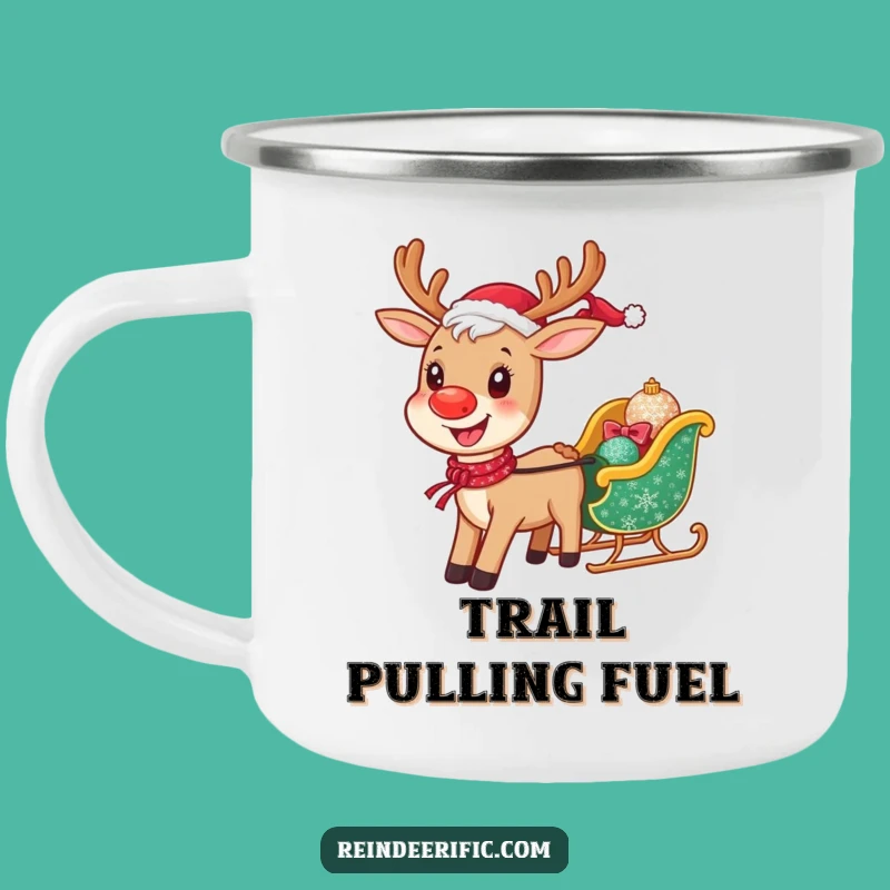 Funny Cheerful Reindeer Camping Mug: Enamel Sleigh Pulling Cup, Rugged Funny Gift!