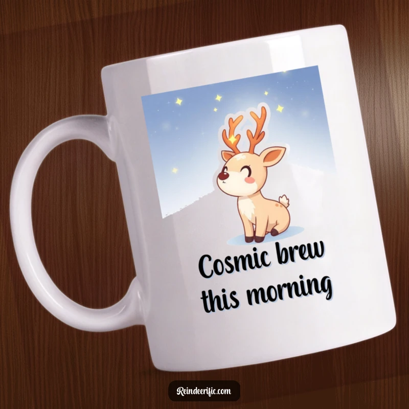 Funny mug showing a whimsical reindeer sprite with glowing, starry antlers, looking thoughtfully up at a starry night sky.