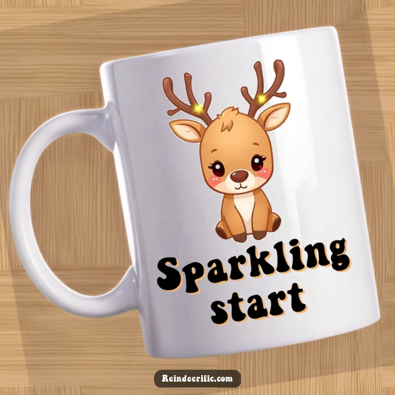 Funny small brown reindeer with antlers adorned with tiny, glowing fairy lights, featured on a mug.