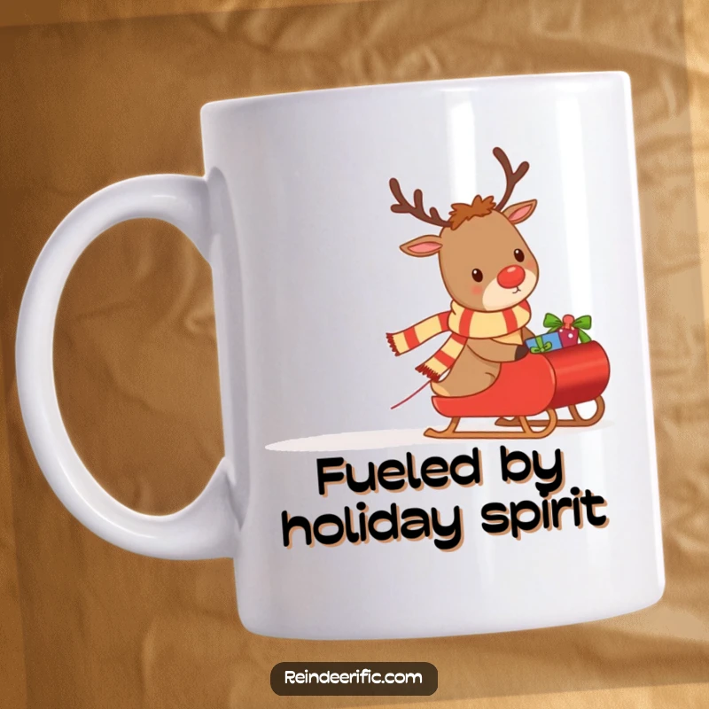 Funny mug featuring a determined reindeer wearing a tiny scarf, pulling a sleigh filled with wrapped gifts.