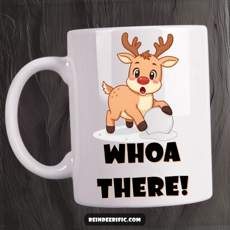 Funny playful reindeer with a surprised expression caught mid-stumble over a snowball on a mug.