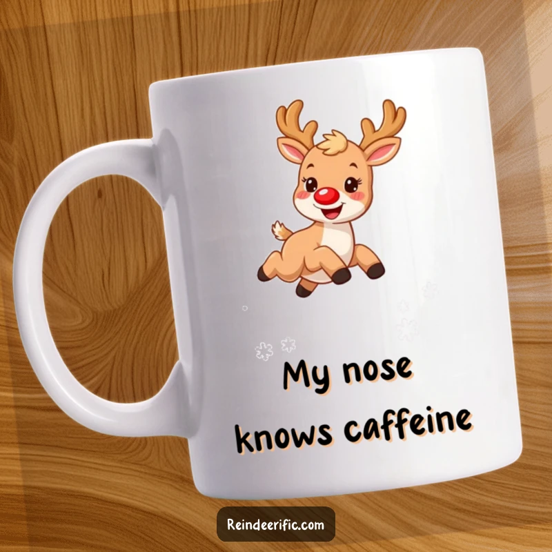 Funny mug featuring a small, furry reindeer with a red nose, joyfully leaping over snowflakes, spreading festive cheer.