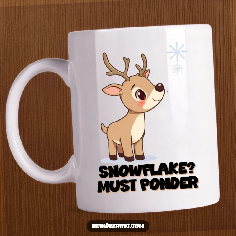 Funny mug featuring a curious reindeer tilting its head, observing a single falling snowflake with wonder and fascination.