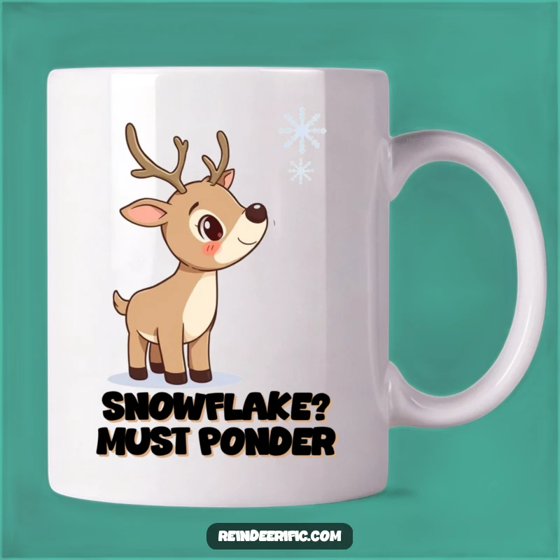 Funny Curious Reindeer Mug: Snowflake Wonder Design, Perfect Funny Gift!