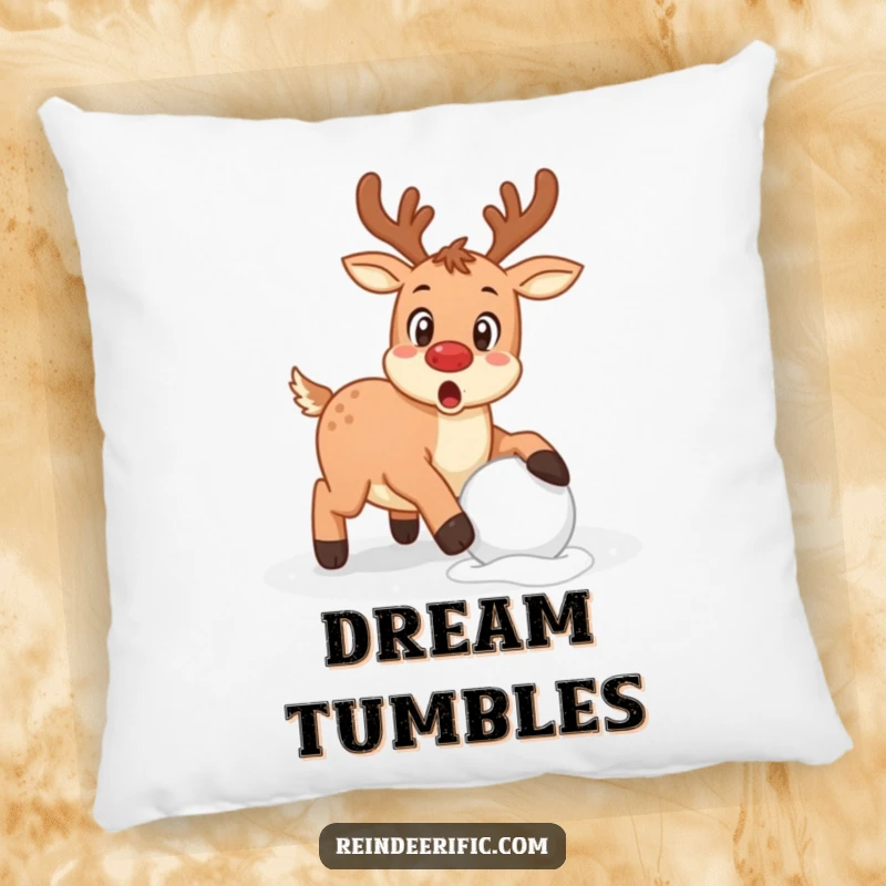 Funny reindeer with a surprised expression caught mid-stumble over a snowball, printed on a pillow.