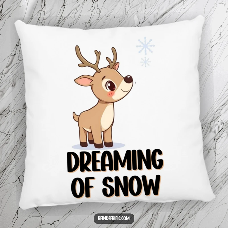 Funny pillow featuring a curious reindeer tilting its head while watching a snowflake fall, perfect for cozy naps.