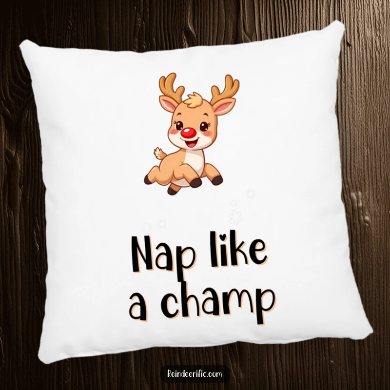 Funny pillow with a small, furry reindeer character, bright red nose, joyfully leaping over a delicate snowflake pattern.