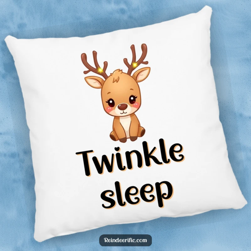 Funny small brown reindeer with antlers decorated with tiny, glowing fairy lights, printed on a pillow.