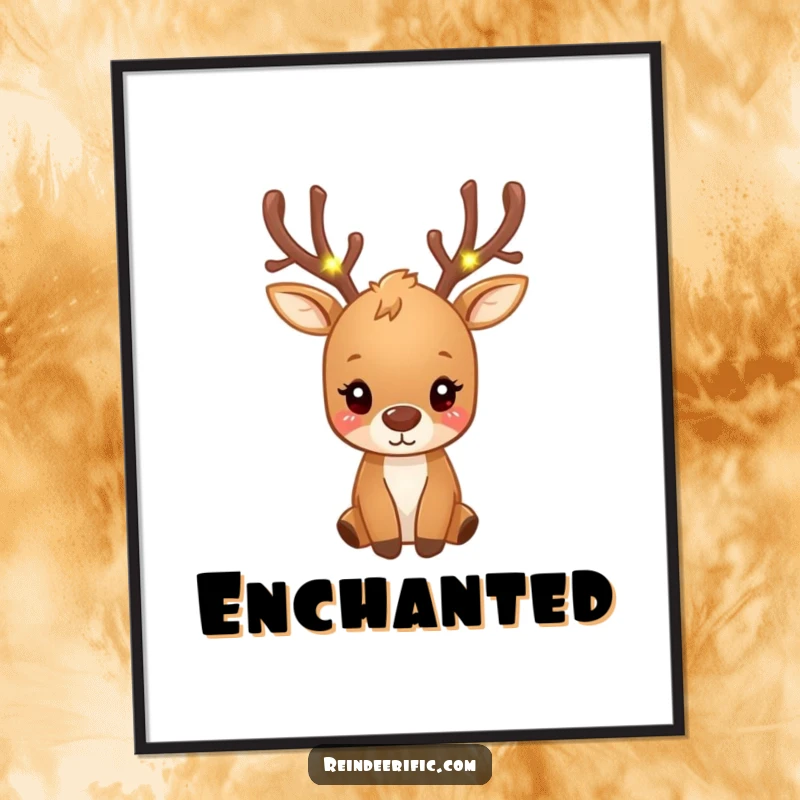Funny small brown reindeer with antlers adorned with tiny, glowing fairy lights, as digital art.