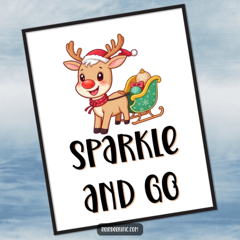 Funny digital art print file of a happy reindeer with a wide smile, pulling a miniature sparkling sleigh.