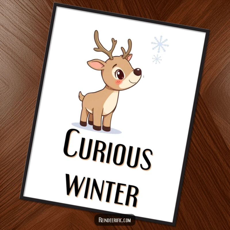 Funny digital art print file of a curious reindeer tilting its head, observing a falling snowflake.