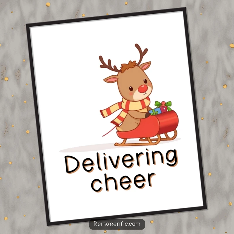 Funny digital art print of a determined reindeer in a scarf, pulling a sleigh packed with festive holiday gifts.