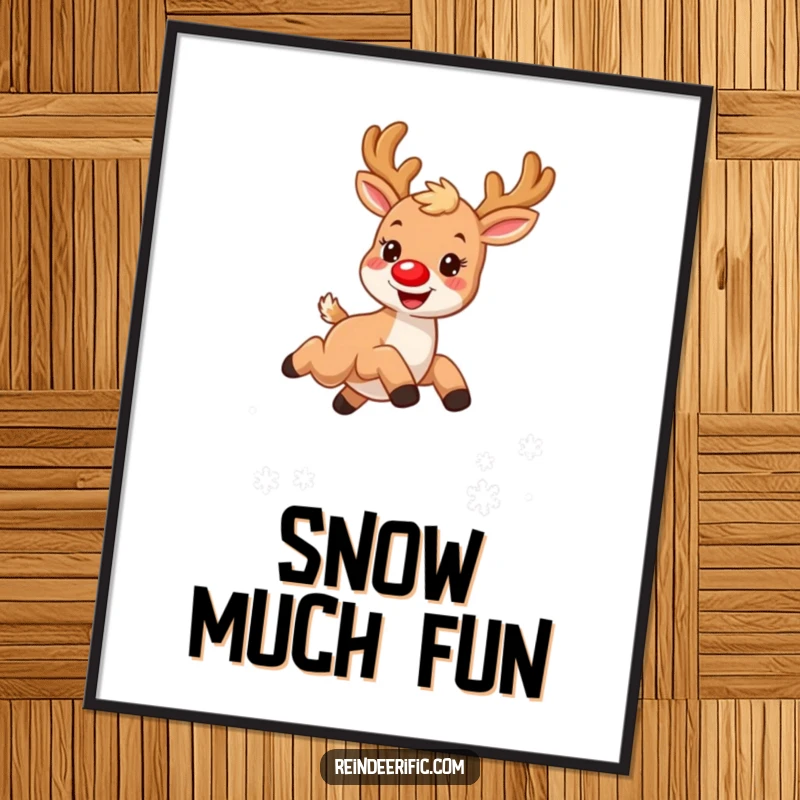 Funny digital art print featuring a small, furry reindeer with a red nose, joyfully leaping over a whimsical snowflake pattern.
