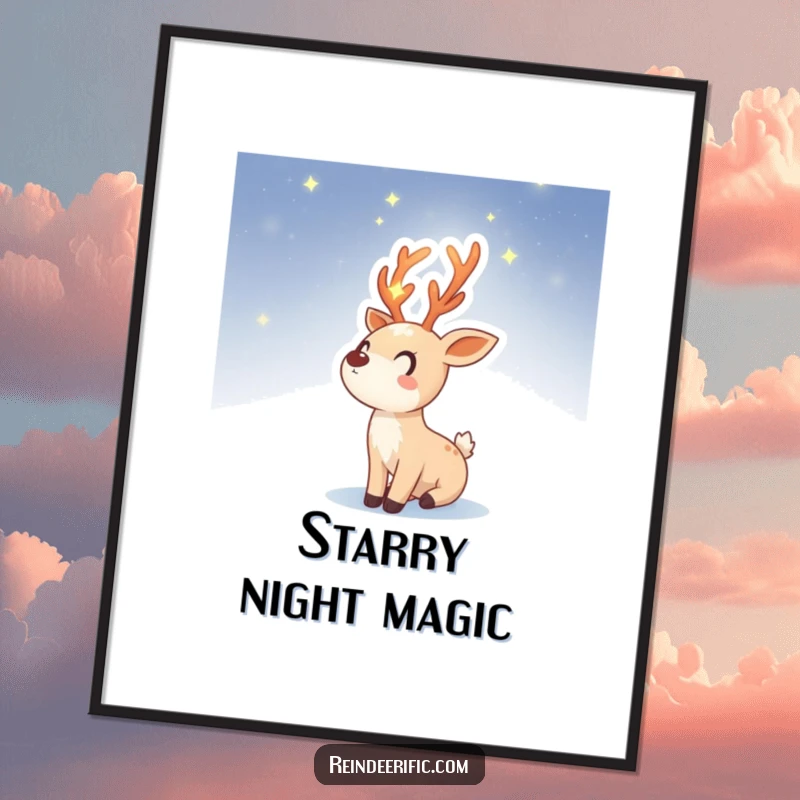 Funny digital art print featuring a reindeer sprite with luminous, starry antlers, looking up at a beautiful night sky.