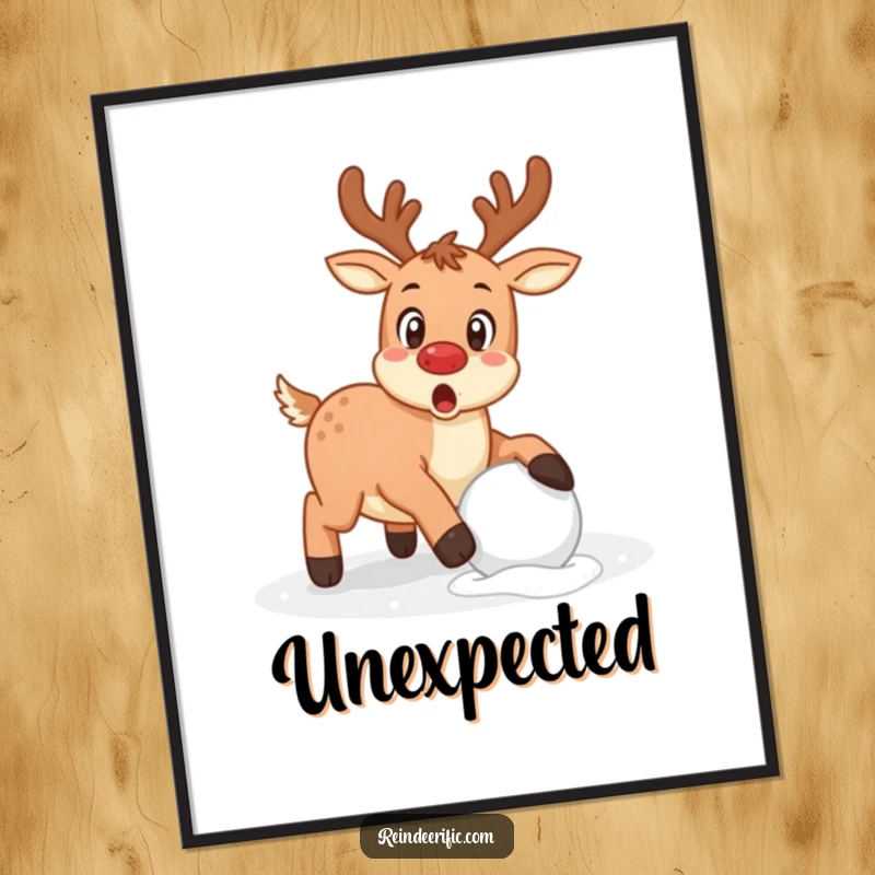Funny reindeer with a surprised expression caught mid-stumble over a snowball, as digital art.