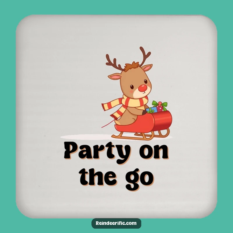 Funny Drink Coaster: Determined Reindeer Pulling Gifts, Festive Surface