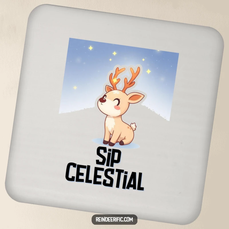 Funny drink coaster designed with a reindeer sprite with glowing, starry antlers, looking up into the night sky.