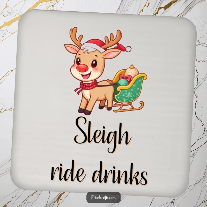Funny drink coaster with a smiling reindeer pulling a tiny, sparkling sleigh, protecting tables with festive whimsy.