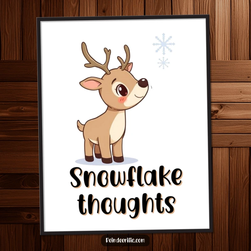 Funny poster print of a curious reindeer tilting its head, captivated by a falling snowflake, evoking peace.