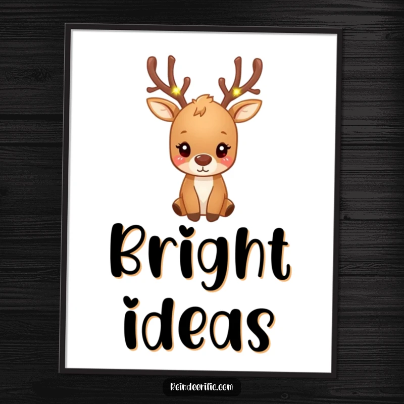 Funny small brown reindeer with antlers decorated with tiny, glowing fairy lights, displayed as wall art.