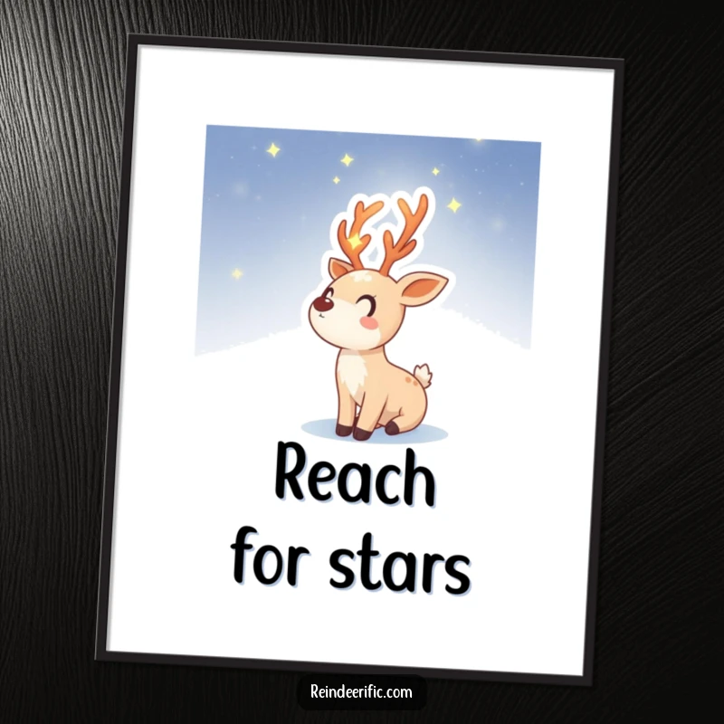 Funny poster print of a reindeer sprite with bright, starry antlers, looking up at a vast, dark night sky.