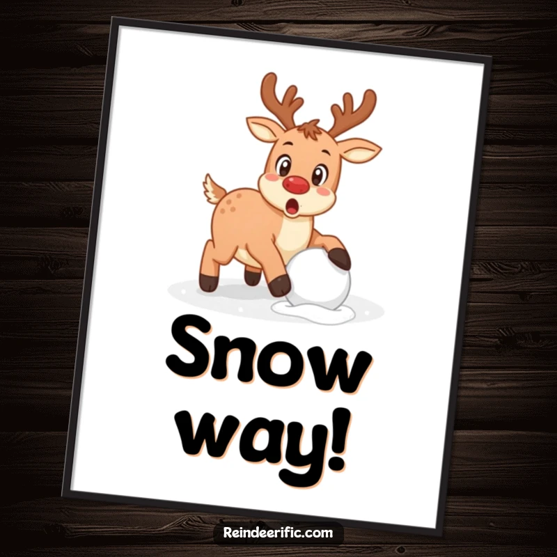 Funny reindeer with a surprised expression caught mid-stumble over a snowball, displayed as wall art.