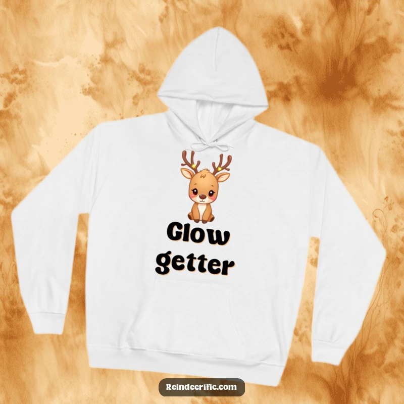 Funny small brown reindeer with antlers decorated with tiny, glowing fairy lights on a cozy hoodie.