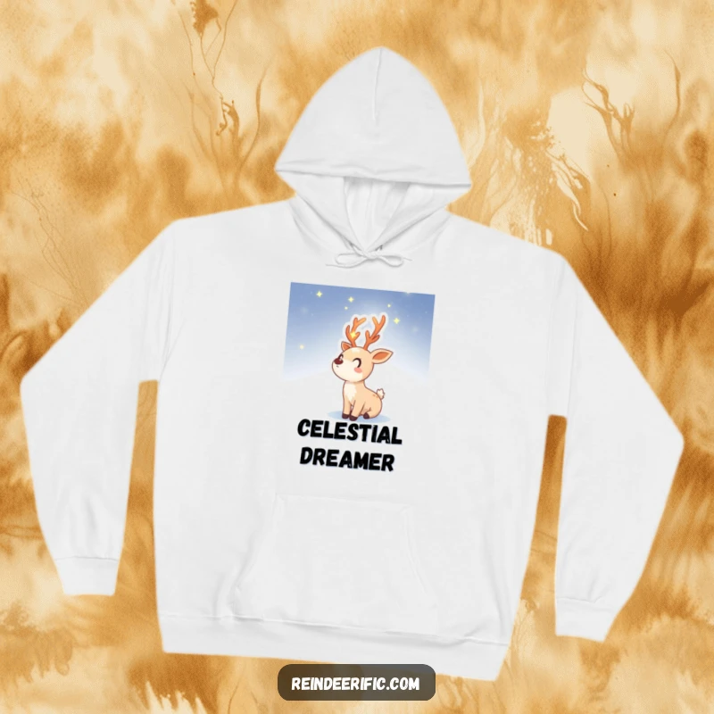 Funny hoodie featuring a mystical reindeer sprite with radiant, star-filled antlers, gazing up at the dark night sky.