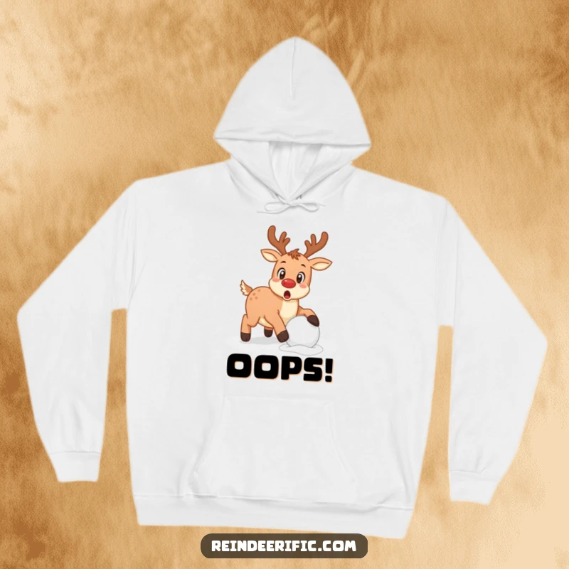 Funny surprised reindeer caught mid-stumble over a snowball on a cozy hoodie.