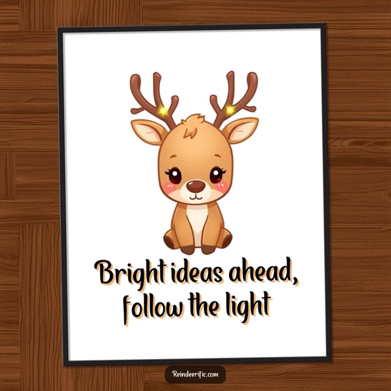 Funny Free Printable Wall Art: Small brown reindeer with antlers decorated with tiny, glowing fairy lights, whimsical and charming.