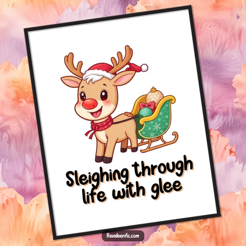 Funny Free Printable Wall Art: A cheerful reindeer with a big smile, pulling a tiny, sparkling sleigh, bringing festive joy to your space.