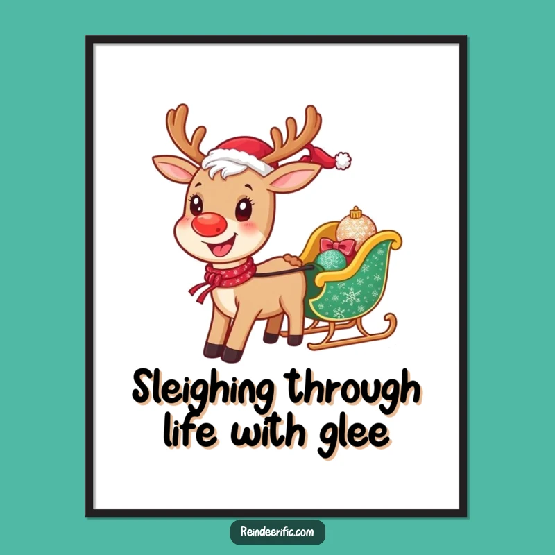 Free Printable Wall Art: Cheerful Reindeer Sleigh Funny Downloadable Art Gift