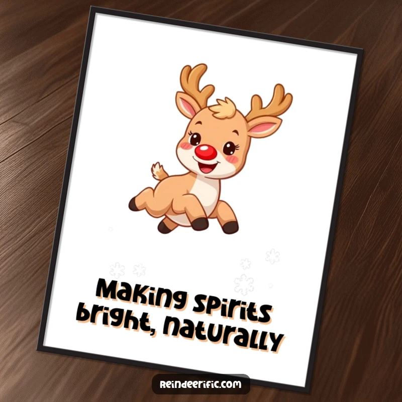 Funny Free Printable Wall Art: Energetic reindeer with bright red nose joyfully leaping over a flurry of snowflakes.