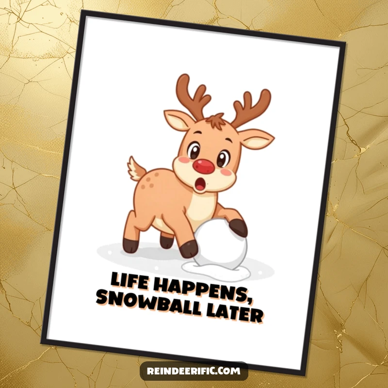 Funny Free Printable Wall Art: Playful reindeer with a surprised expression, stumbling awkwardly over a snowball, humorous art.