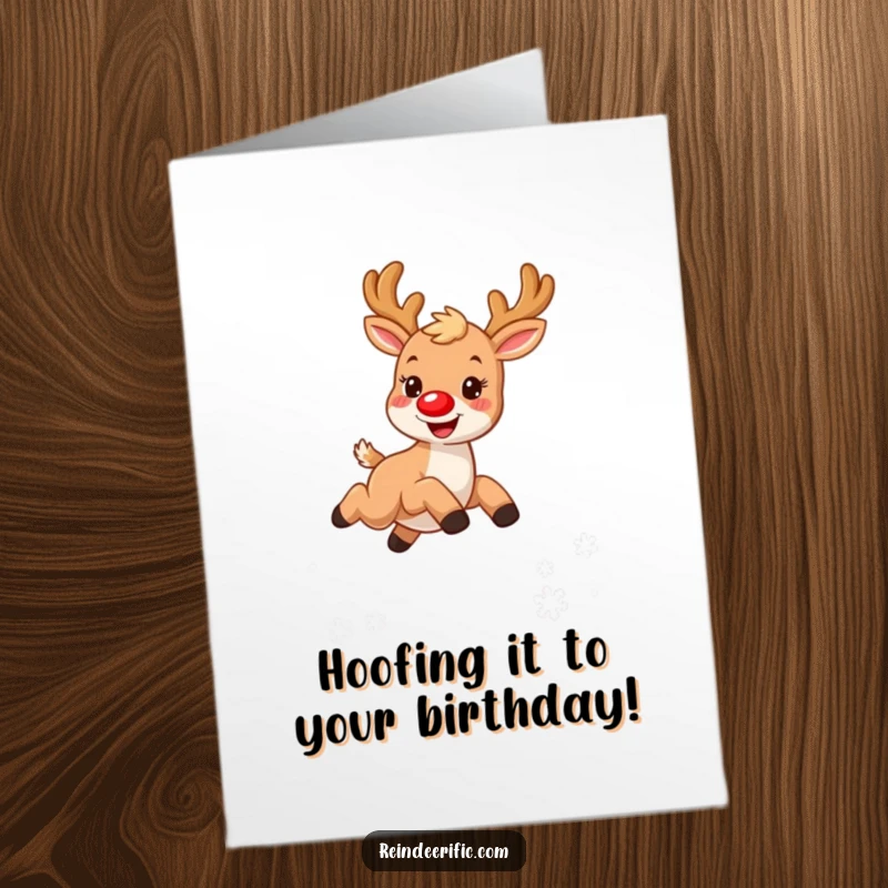 Funny Free Printable Birthday Card: Joyful furry reindeer with red nose leaping over snowflakes, spreading festive cheer.