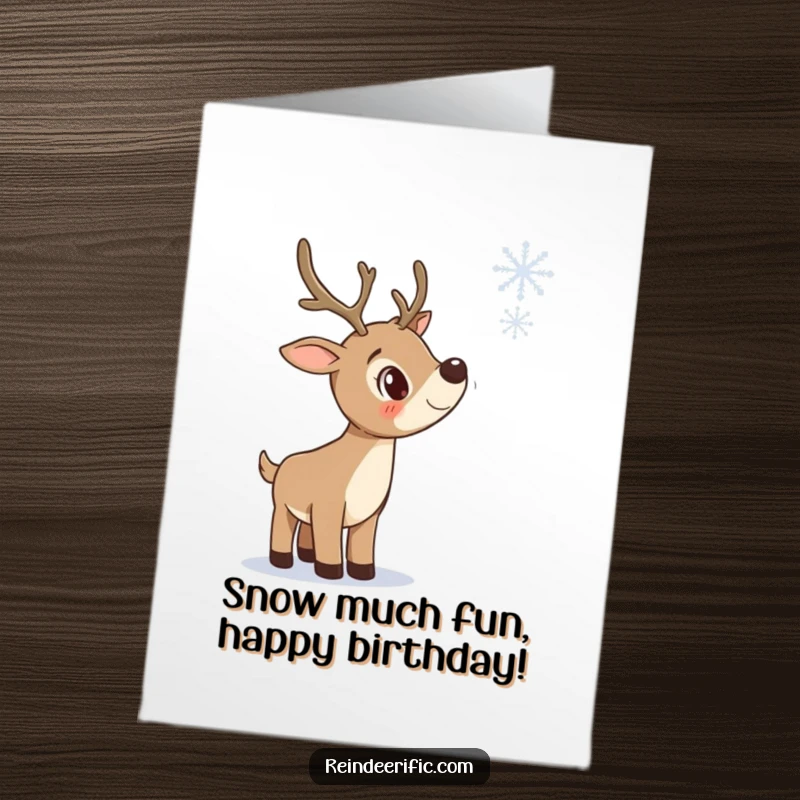 Funny Free Printable Birthday Card: A curious reindeer tilting its head, observing a single falling snowflake with wonder, perfect for colder birthdays.