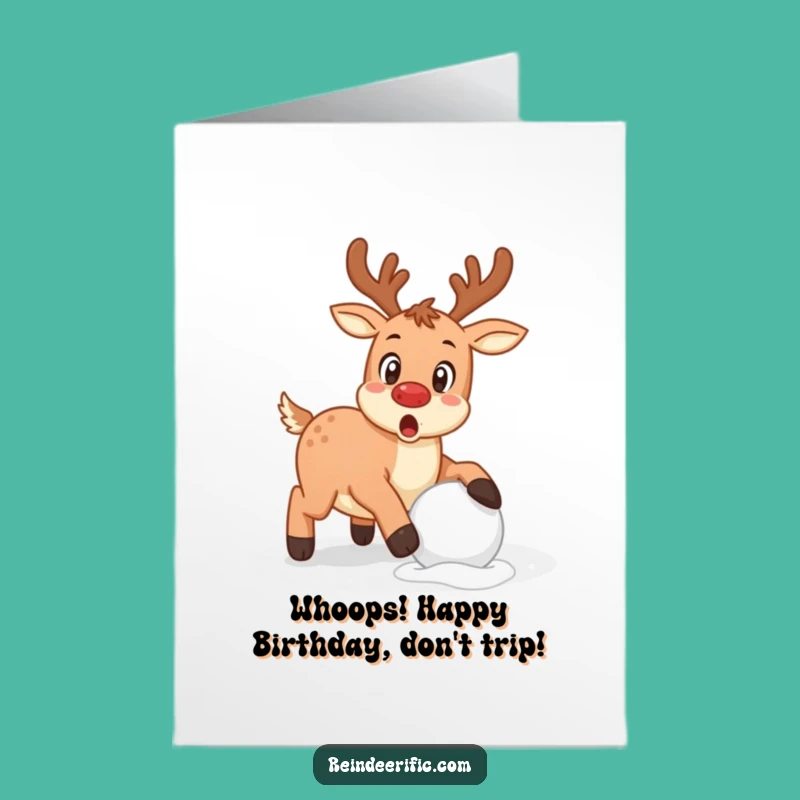 Free Printable Funny Birthday Card: Surprised Reindeer Stumble, Hilarious Downloadable Gift