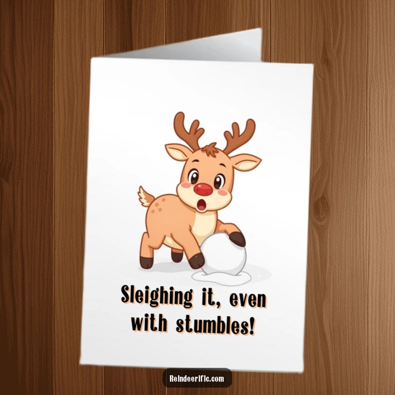 Funny Free Printable Congrats Card: Reindeer with a surprised face, caught stumbling over a snowball, celebrating with humor.