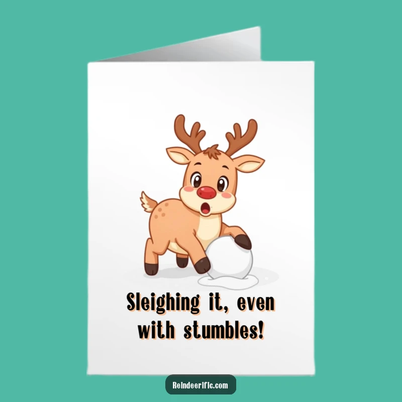 Free Printable Funny Congrats Card: Surprised Reindeer Stumble, Humorous Downloadable Gift