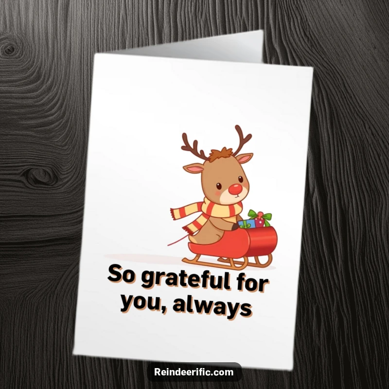 Funny Free Printable Thank You Card: Determined reindeer in a scarf pulling a sleigh full of gifts, showing thanks.