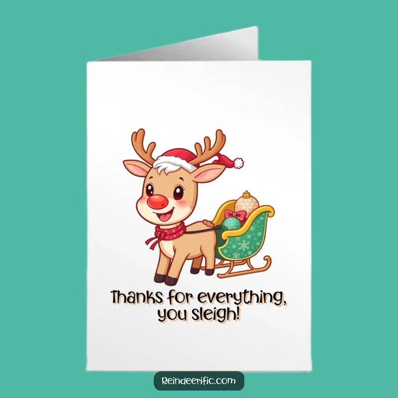 Free Printable Thank You Card: Smiling Reindeer Sleigh Funny Downloadable Gift