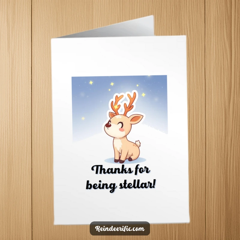 Funny Free Printable Thank You Card: Reindeer sprite with glowing starry antlers looking at the night sky, expressing thanks.