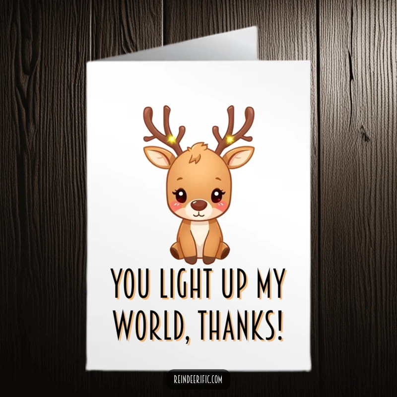 Funny Free Printable Thank You Card: Small reindeer with antlers covered in tiny glowing fairy lights, expressing thanks.