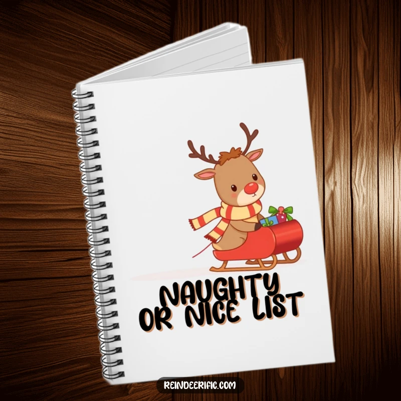 Funny notebook cover featuring a determined reindeer in a festive scarf, pulling a sleigh full of holiday gifts.