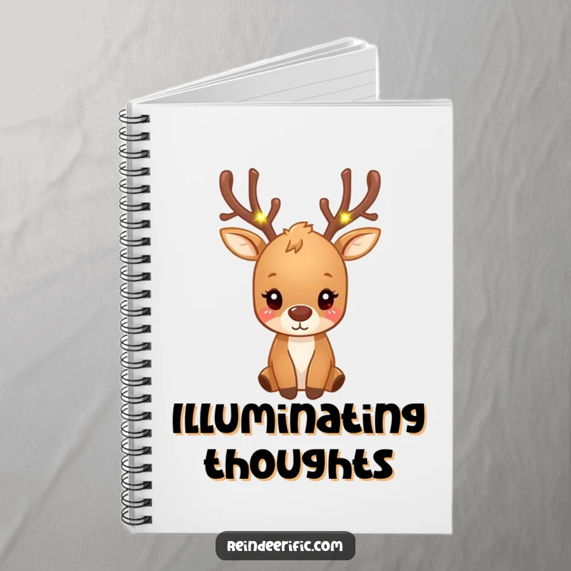 Funny small brown reindeer with antlers decorated with tiny, glowing fairy lights on a notebook.