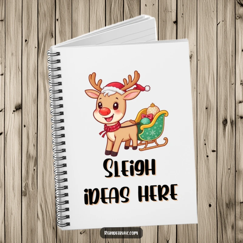 Funny notebook with a cheerful reindeer smiling and pulling a tiny, sparkling sleigh, ideal for notes and doodles.